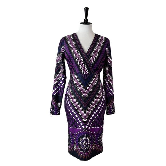 Hale Bob Bodycon Dress Surplice V Neck Long Sleeves Purple Geometric Women’s M - Picture 1 of 12